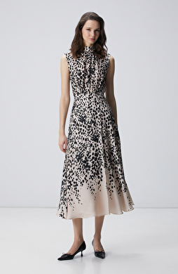 Bej Siyah Desenli Midi Viskon Elbise