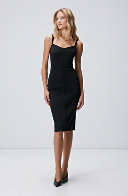 Siyah Askılı Midi Korse Elbise