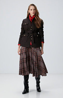 Camel Ekose Desenli Piliseli Midi Tafta Etek