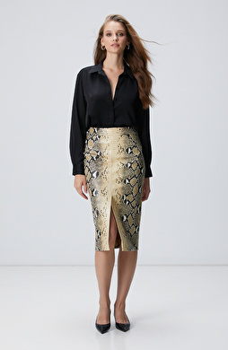 Haki Desenli Suni Deri Midi Etek
