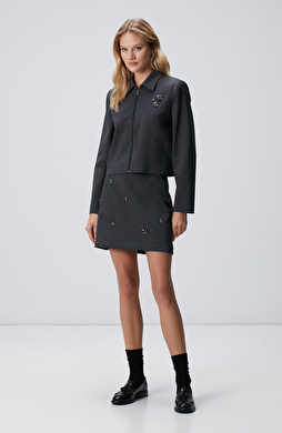 Koyu Gri Yün Karışımlı Mini Etek