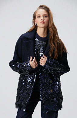 Lacivert Yün Karışımlı Payet Detaylı Kaban