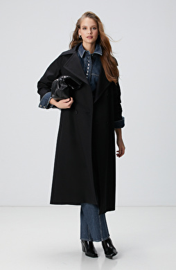 Siyah Kruvaze Trench Coat
