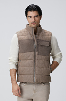 Bej Yün Karışımlı Flanel Casual Yelek