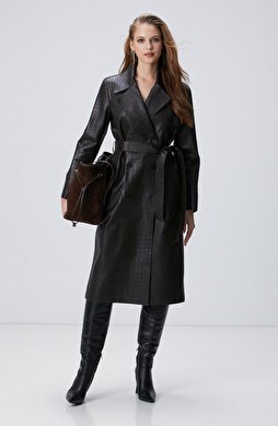 Acı Kahve Kroko Desenli Deri Pardesü