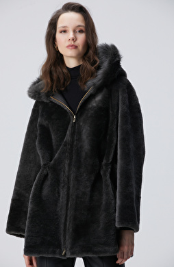 Haki Kapüşon Yakalı Deri Kaban