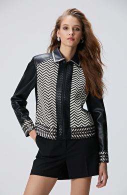 Limited Siyah Beyaz Örgü Detaylı Deri Mont