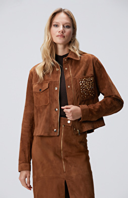 Tarçın Taş Detaylı Süet Deri Mont Tarçın Taş Detaylı Süet Deri Mont