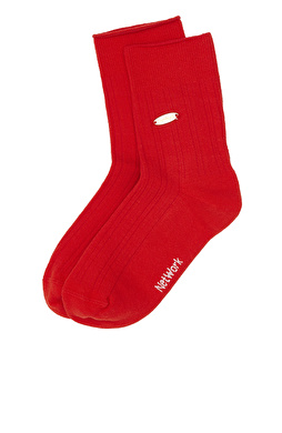 Kırmızı Çizgi Desenli Kadın Soket Çorap