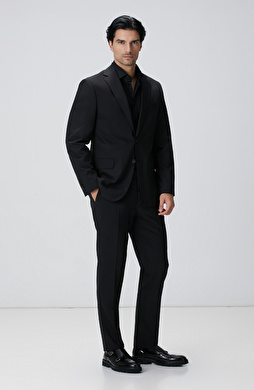 Slim Fit Siyah Yün Karışımlı Takım Elbise