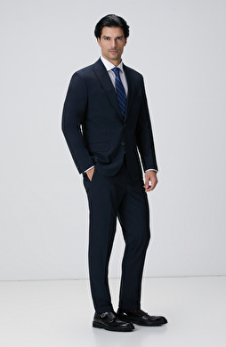 Slim Fit Lacivert Çizgili Piklapel Yaka Takım