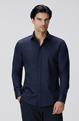 Slim Fit Lacivert Pamuk Saten Gömlek