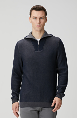 Lacivert Dik Yaka Çift Renk Kazak