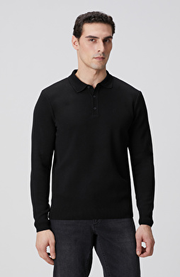Siyah Polo Yaka Uzun Kol Pike Örgü Kazak
