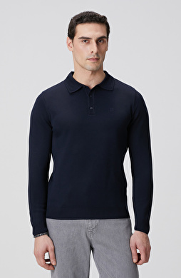 Lacivert Polo Yaka Uzun Kol Pike Örgü Kazak