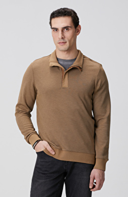 Camel Fermuarlı Yaka Garnili Sweatshirt
