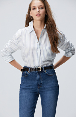 Kırık Beyaz Çizgi Desemli Geniş Kalıp Tencel Gömlek