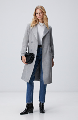 Gri Diyagonal Desen Kuşaklı Uzun Palto Gri Diyagonal Desen Kuşaklı Uzun Palto