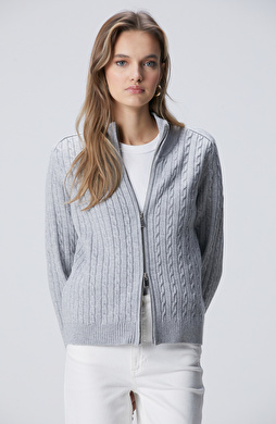 Gri Melanj Çift Yön Fermuarlı Saç Örgü Desen Hırka