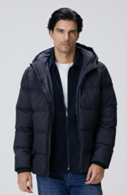 Lacivert Kapüşonlu Puffer Mont
