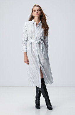 Kırık Beyaz Çizgili Elbise