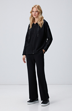 Siyah Beli Kordonlu Triko Garnili Eşofman Altı