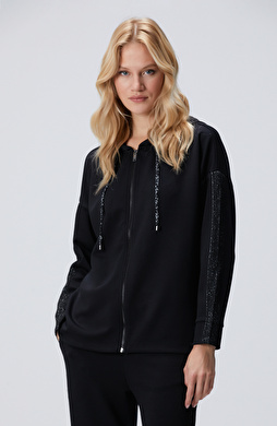 Siyah Kapüşonlu Triko Garnili Sweatshirt