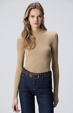 Camel İnce Ribana Örgü Dik Yaka Rayon Basic Kazak