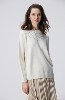 Kırık Beyaz Bisiklet Yaka Taş İşlemeli Kazak