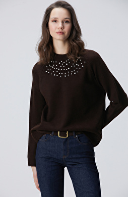 Kahverengi Bisiklet Yaka Taş İşlemeli Kazak