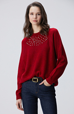 Kırmızı Bisiklet Yaka Taş İşlemeli Kazak