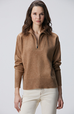 Camel Dik Yaka Fermuarlı Uzun Kol Kazak