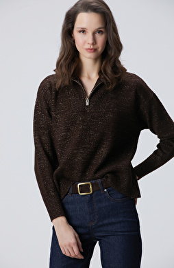 Kahverengi Dik Yaka Fermuarlı Simli İp Kazak