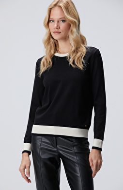 Siyah Bisiklet Yaka Kontrast Renk Kazak