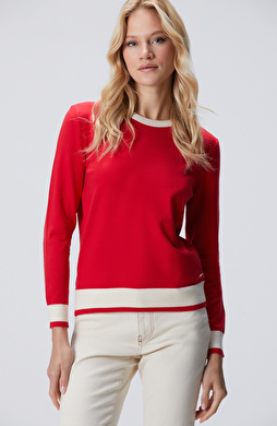 Kırmızı Bisiklet Yaka Kontrast Renk Kazak