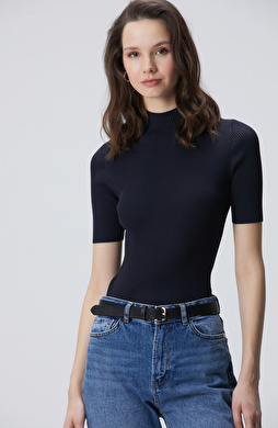 Lacivert Örgülü Dik Yaka Rayon Basic Kazak