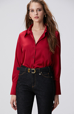 Kırmızı Geniş Manşetli Saten Gömlek