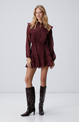 Bordo Desenli Mini Elbise Bordo Desenli Mini Elbise