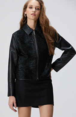 Limited Siyah Kroko Desenli Deri Mont