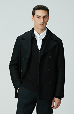 Siyah Kruvaze Yaka Diyagonal Kaban