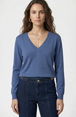 Mavi İpek Karışımlı V Yaka Kazak