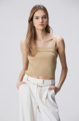 Bej Askılı Düz Yaka Triko