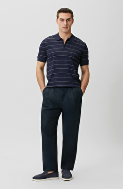 Lacivert Tek Pileli Keten Karışımlı Pantolon