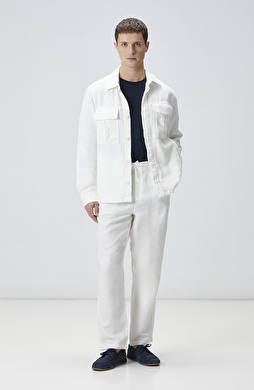 Ekru Tek Pileli Keten Karışımlı Pantolon