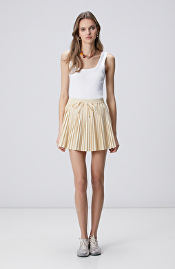 Sarı Beyaz Taşlı Piliseli Mini Etek