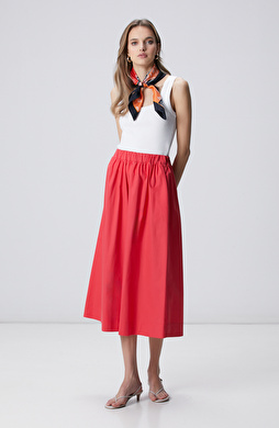 Nar Çiçeği Beli Lastikli Midi Poplin Etek
