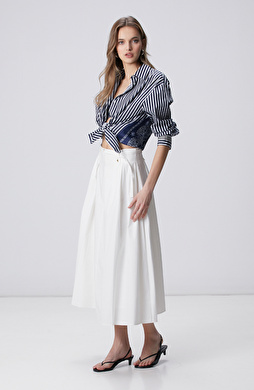 Beyaz Pilili Midi Poplin Etek