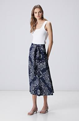 Lacivert Desenli Midi Etek
