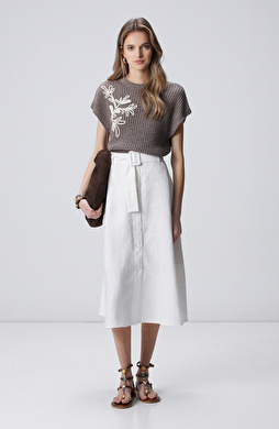 Kırık Beyaz Düğmeli Keten Midi Etek