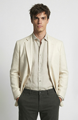 Bej  Mono Yaka Jakarlı Dokuma Ceket